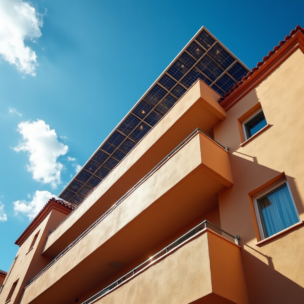 Paneles solares en tejado de edificio residencial